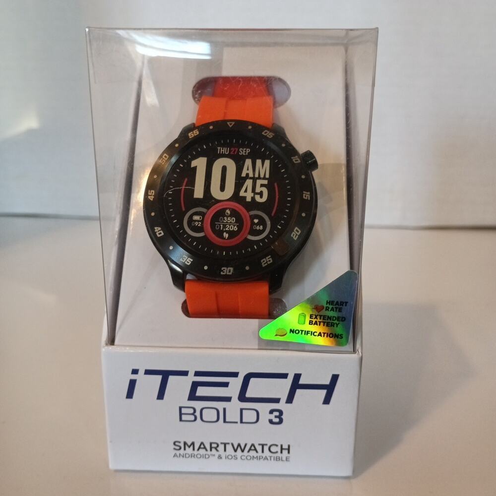 iTech Bold 3 Smart Watch Fitness Tracker Unisex Orange Bluetooth Silicone Strap